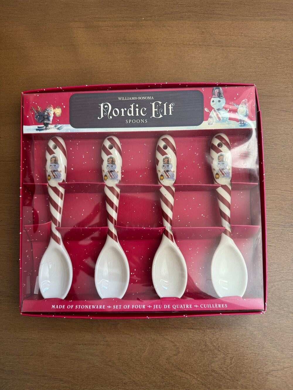 Williams Sonoma Nordic Elf 2008 Candy Cane Snowman Ceramic Spoons- Set of 4 NIB